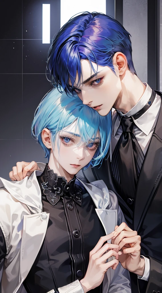 ​masterpiece, top-quality, 2Others, Male couple, 1 man and 1,, Adults, Height difference, different fashion, different color, finely eye and detailed face, intricate detailes, Black Butler Fashion, Modern cityscape, A smile, Happiness, tenderness, queers, Boys Love, high-level image quality、 Two beautiful men、tall、The upper part of the body、nightfall、nighttime scene、𝓡𝓸𝓶𝓪𝓷𝓽𝓲𝓬、Korean Male, k pop, Professional Photos, Vampires, Fedoman with necklace, inspired by Sim Sa-jeong, androgynous vampire, :9 detailed face: 8, extra detailed face, detailed punk hair, ((eyes are brown)) baggy eyes, Seductive. Highly detailed, semi realistic anime, Vampire butler, hyper realisitic , delicate androgynous prince, imvu, short hair above the ears, Man with short hair, With a man with bright purple hair with a wild expression, Man with light blue hair with gentle expression, With a man with bright purple hair beast ears, Man with light blue hair and beast ears, Two males with animal ears