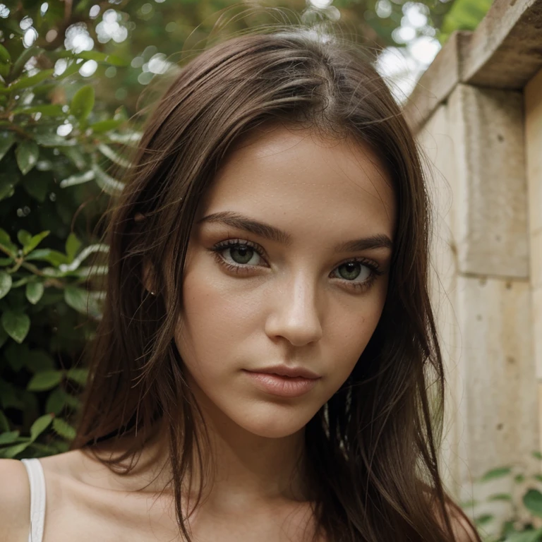 1 fille portugaise teint mate foncer cheveux longs avec des yeux vert bouche pulpeuses visage parfait