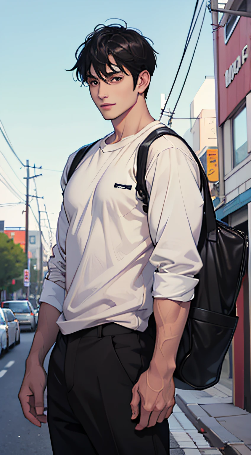 medium black hair guy, casual clothes, charming expression, handsome man, 4k, full hd, high quality