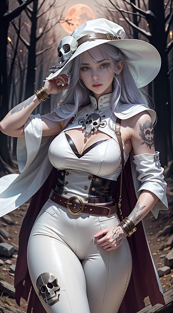 full body Esbian, of the highest quality, intricately detailed skin, Shiny skin, Shiny hair, pale complexion,Big breasts), Red sky, Red Moon, in woods, ((Skull Mark)), ambitious, Seductive Woman, Gray hair, Long hair, Hair fluttering in the wind, Skull mask on half of the face, Detailed tattoos, white leather clothes, White sleeveless clothes, White leather coat, Leather gloves, Solid Gold Bracelet, leather pant, White pants, , Hat with skull marker, (Leather Belt), Look far away