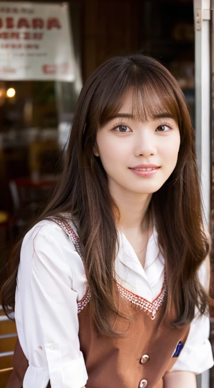 promo photo, The location is a restaurant by the sea..,1 girl, 18-year-old face, waitresses, Brown hair half-up, Gentle face, student clothes, Clothes based on white,