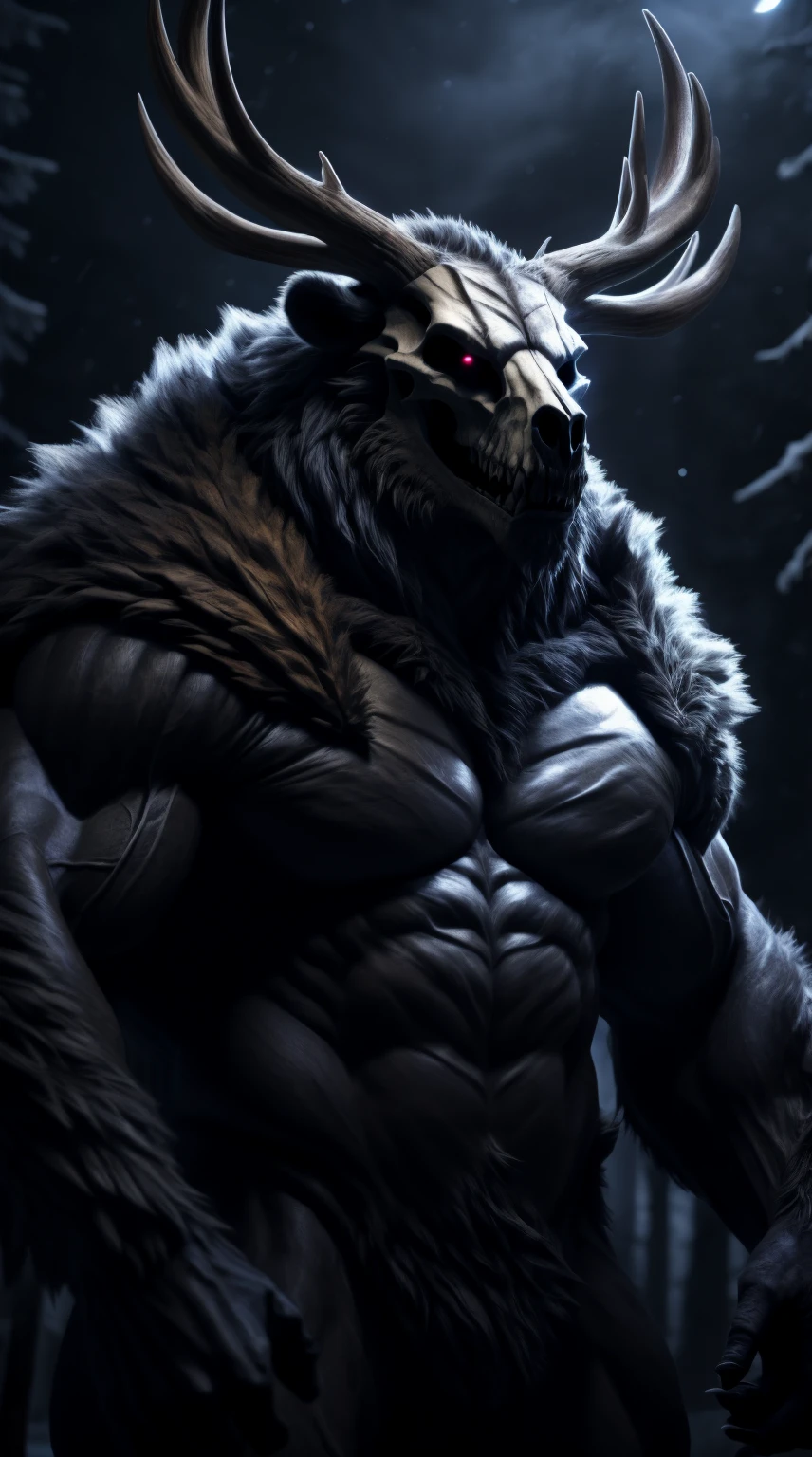 buff monster, muscular, abs, scales on body, majestic fur mantle, wendigo skull, elk horns, muscular, giant, bear body, threatening, stands menacingly, wide body, muscular body, illustration, (best quality, 4k, highres, masterpiece:1.2), ultra-detailed, realistic, horror, sharp focus, vivid colors, nighttime lighting,