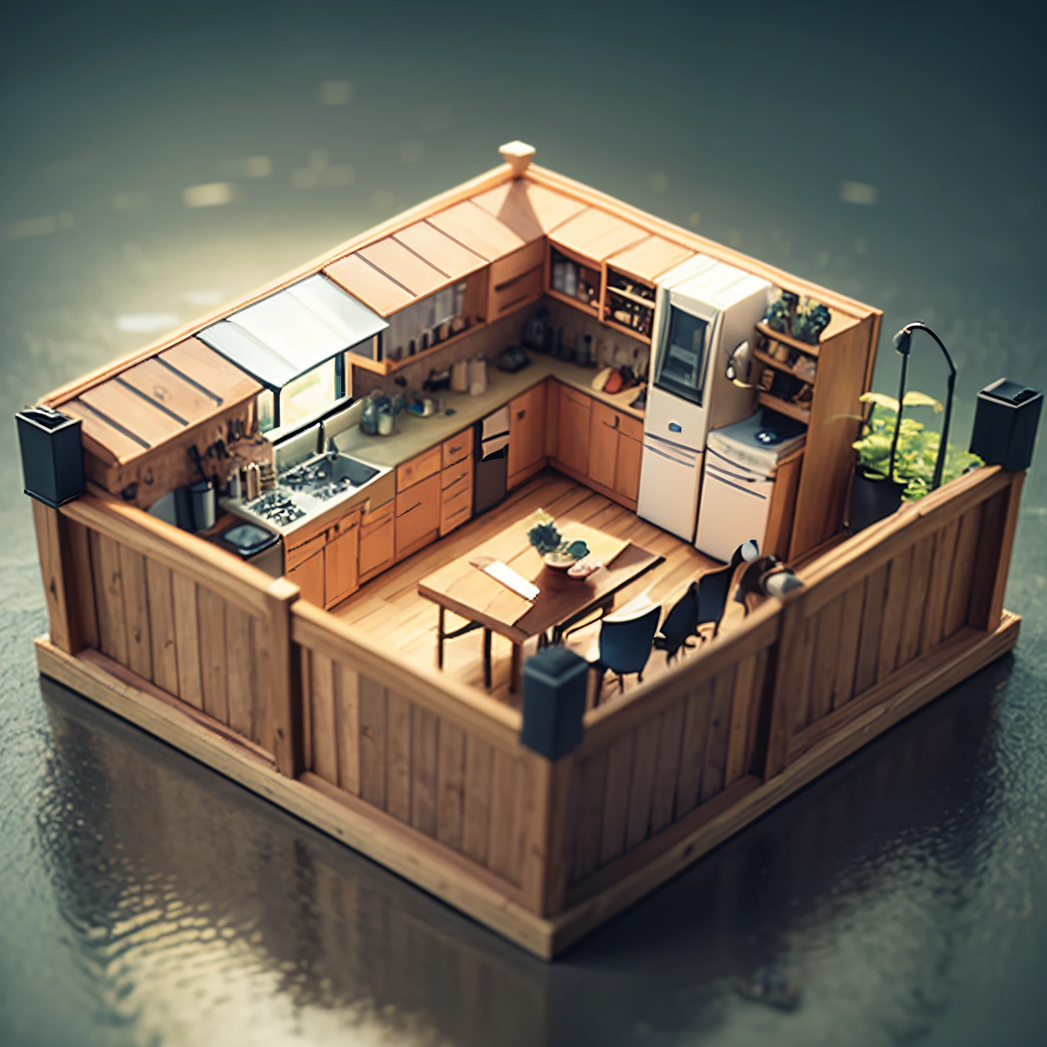 Create a visually striking 3D scene featuring the multifunctional box designed by Midjourney. Showcase each side of the box, demonstrating its various functions like a sofa, bar counter, and storage. Emphasize the elegance and versatility of the design. --auto --s2