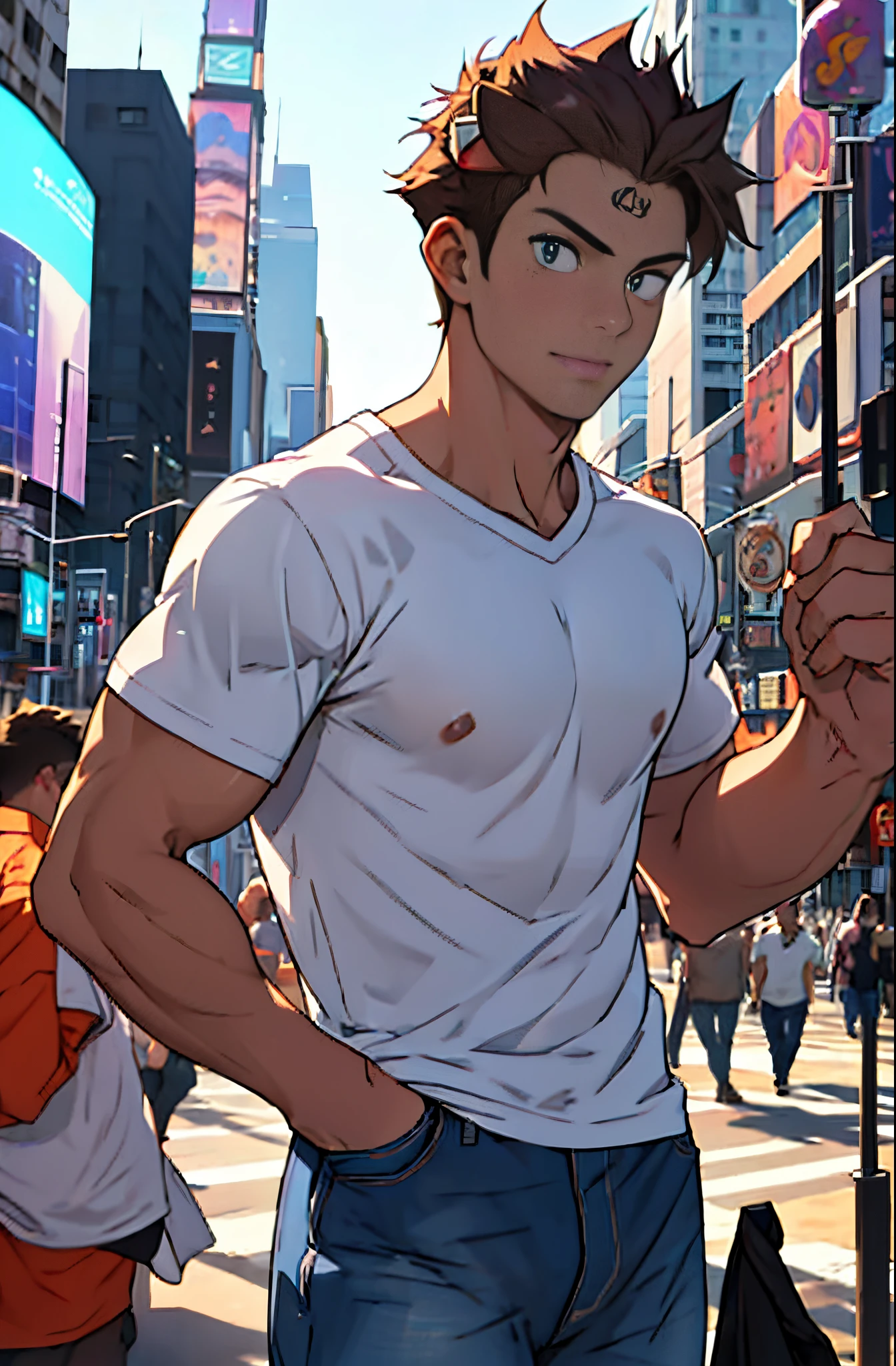 A mais alta qualidade, 8K, image high resolution, Detailed strokes, no meio de uma avenida movimentada estilo Times Square, inverno, apoiado em um dos postes, adolecente, lion men, wearing a T-shirt , masculo, shirt tight to the muscles , (angulo de baixo), pernas definidas, defined arms, abdomen definido, com a camisa,