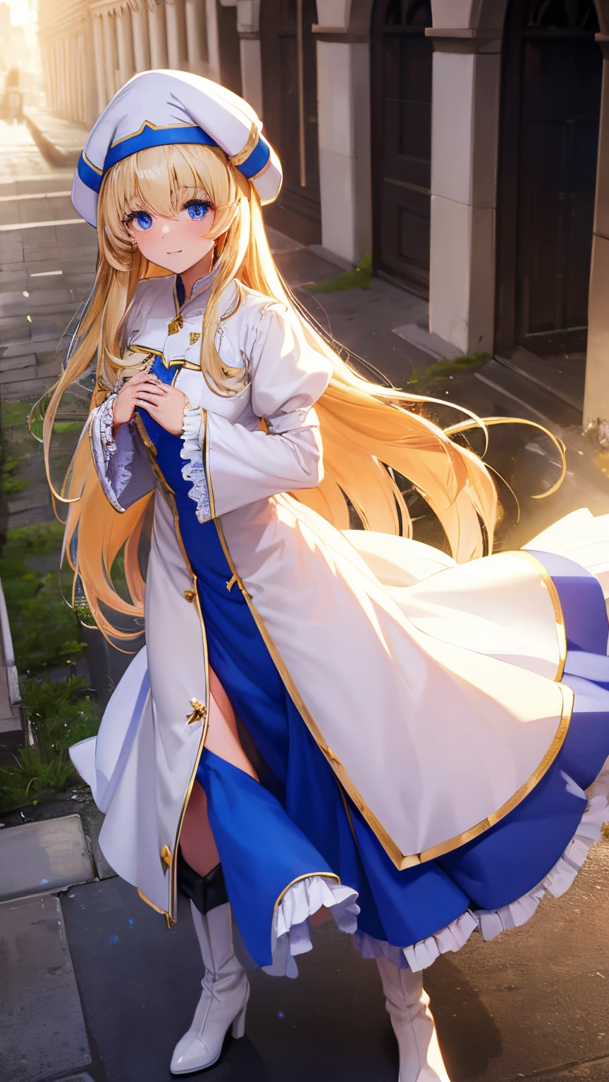 Best Quality,High resolution, Ultra-detailed,Game CG,a beauty girl,Cowboy Shot,priestess, Blonde hair, Blue eyes, Long hair, hair between eye,magic wand to grab,smil,boots, dress, frilled sleeves, frills, hat, white headwear, pelvic curtain, high heels, robe, thigh boots, thighhighs, white thighhighs, long sleeves, puffy sleeves,