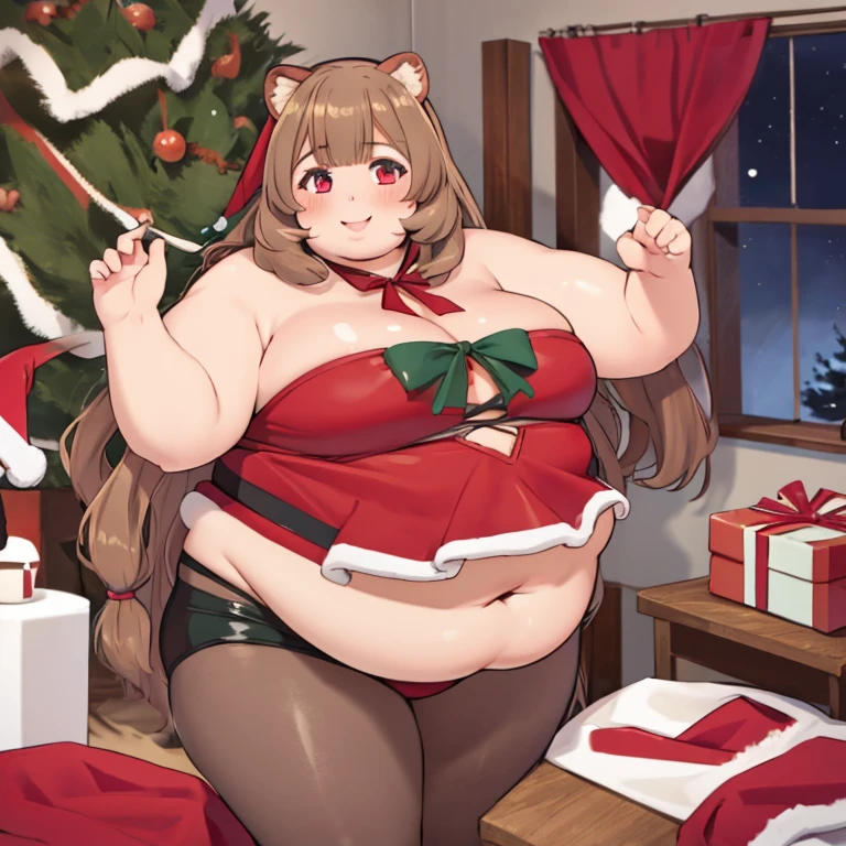 (masterpiece, best quality:1.2), solo, 1girl, obese raphtalia, smile, looking at viewer, cute pose, obese body, red christmas bikini, standing, pantyhose, raccoon tail, indoors,