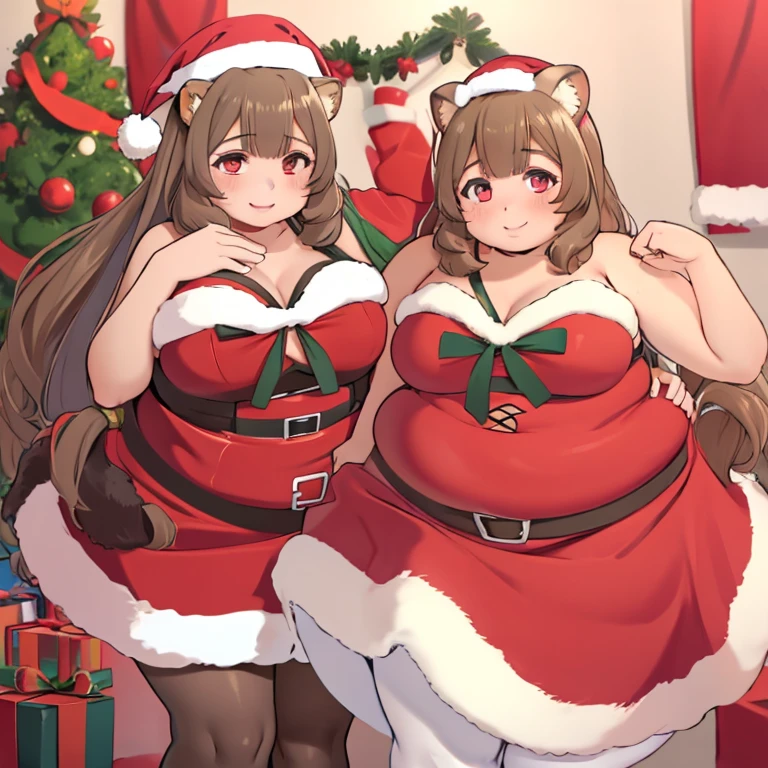 (masterpiece, best quality:1.2), solo, 1girl, obese raphtalia, smile, looking at viewer, cute pose, obese body, red christmas bikini, standing, pantyhose, raccoon tail, indoors,