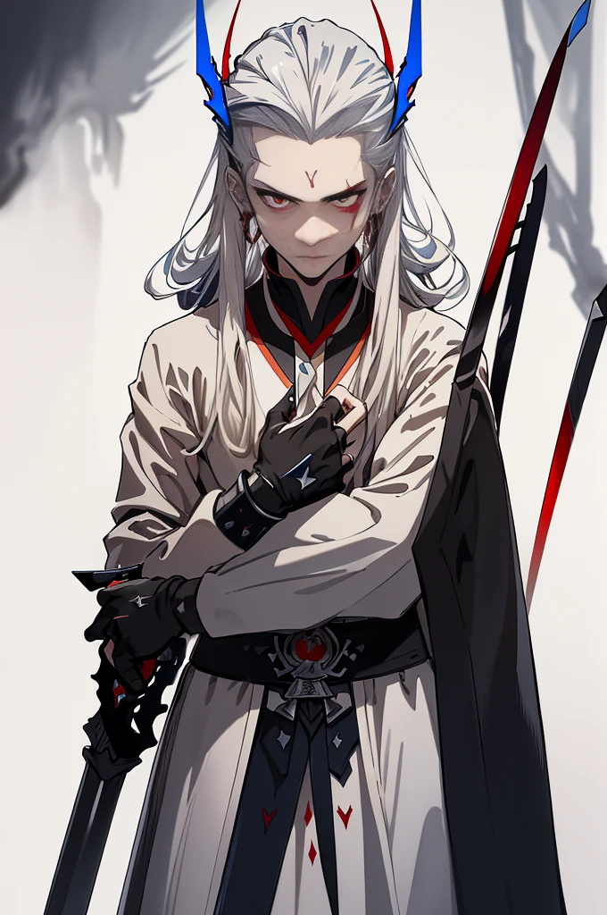(Best Quality, Masterpiece:1.3), 1 male, Long silver hair, bright pupils, hair slicked back, white mantle with red and blue accents, expressionless, He holds 2 swords in his hands, One with a blue flame, the other with a red flame,