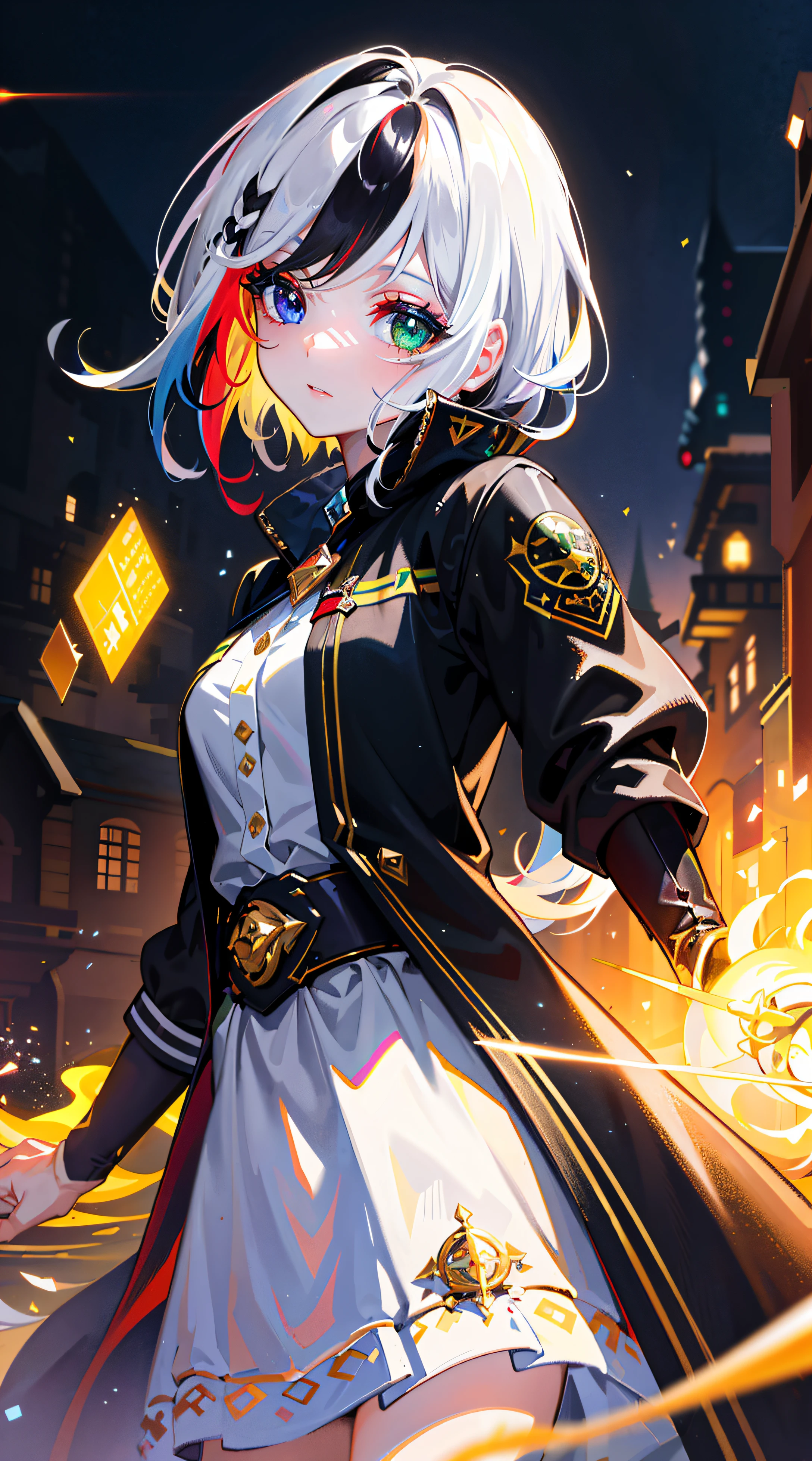 {{masterpiece}}, best quality, extremely detailed CG unity 8k wallpaper, cinematic lighting, lens flare, beautiful detail eyes, black,  side glance,  multicolor hair, colorful light, particles, heterochromia, (colorful:1.5), (colorful hair:1.5),