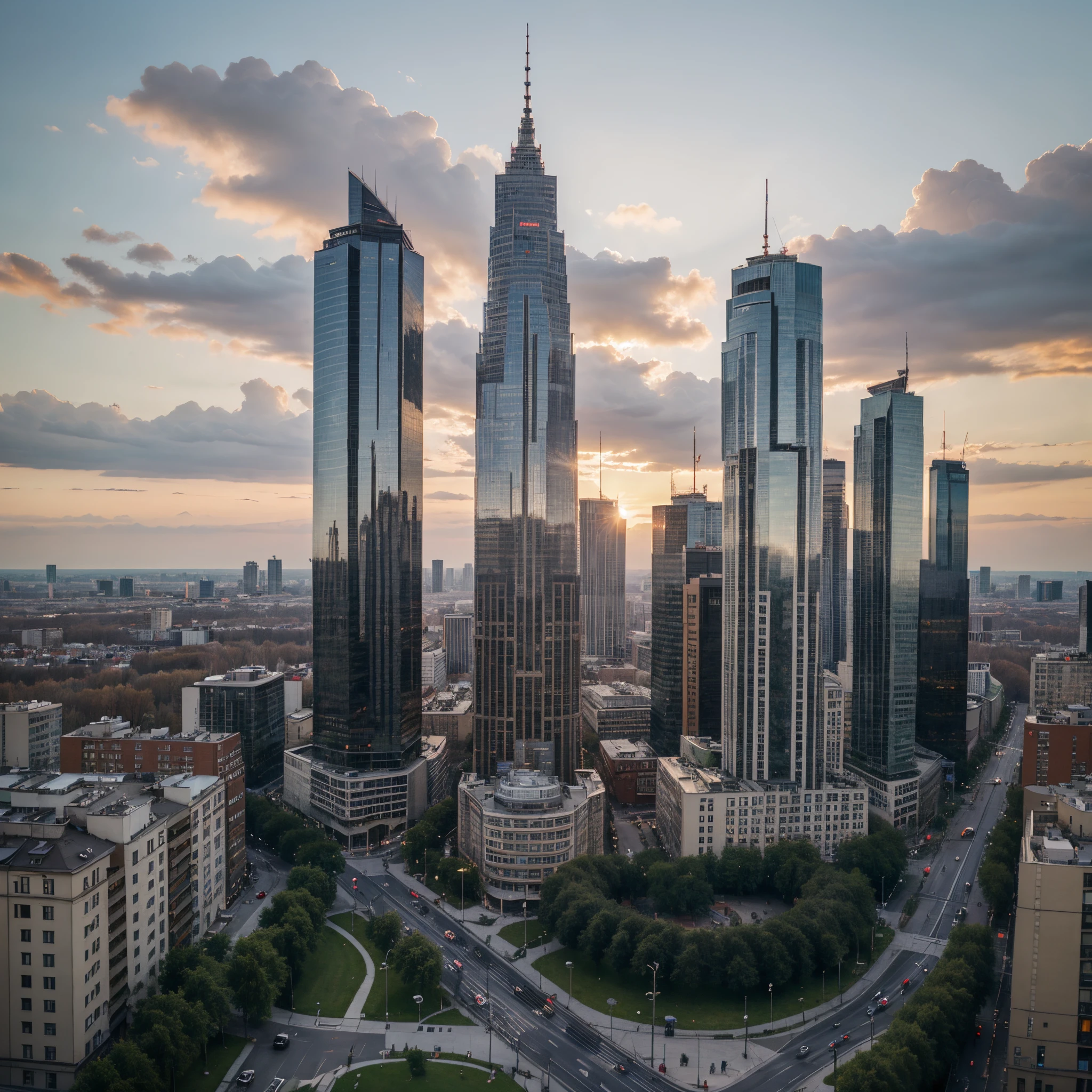 Poland Warszawa skyscraper and parks life in the near future, high technology, street view, next to a park, people and cars on the road, sunset, pro, 35 mm, realism, ultra HD result, 4k, very detailed
