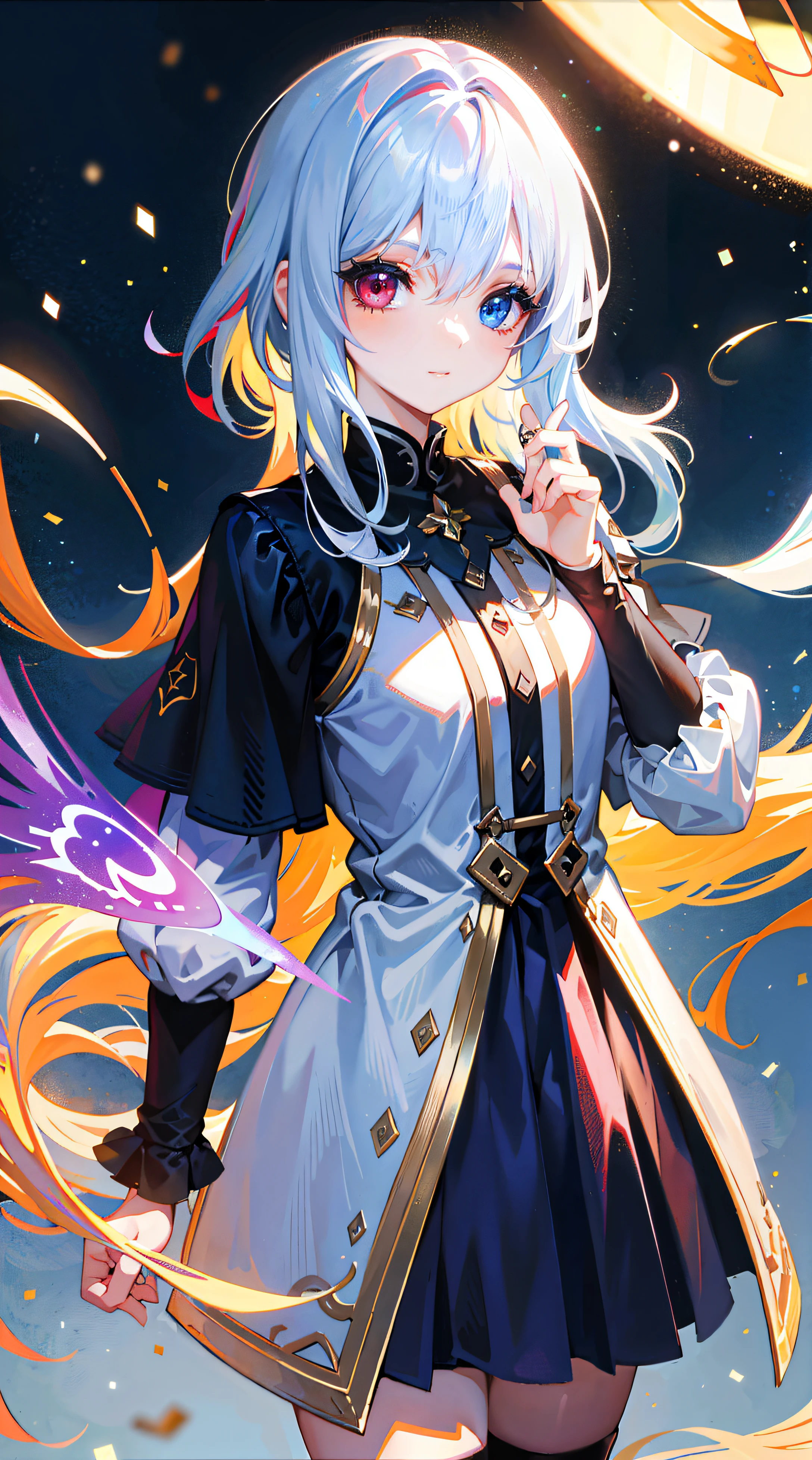 {{tmasterpiece}},Best quality,Very detailed CG unified 8k wallpaper,电影灯光,lens flare glow,Beautiful and detailed colors,Side view of multi-colored hair,Colorful light,Particulate matter,Heterochromia,(One color:1.5),(Hair color:1.5),Three different movements are beautiful