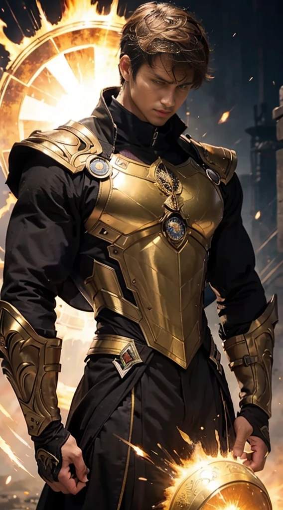 (masterpiece:1.2), (illustration), (best quality:1.2), (best aethetic:1.1), (beautiful art:1.2), (ultra-detailed:1.2), (8k), (HDR), (cinematic lighting), (wallpaper), (sharp focus), (intricate), man wearing big gauntlet, skinny body, 175cm tall, brown hair colours, sundanese eyes detailed short hair cut with bangs, wearing black suit, sun energy, yellow aura sparks all over his body, background big sun shinning brightly, horror