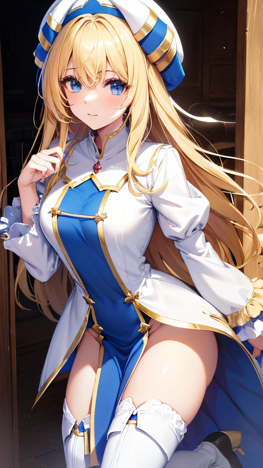 top-quality、Top image quality、in 8K,4K,masterpiece、ultra-detailliert、Beautiful、ultra-quality、Cool,Game CG,a beauty girl,Cowboy Shot,priestess, Blonde hair, Blue eyes, Long hair, hair between eye,magic wand to grab,smil,long boots, Dress, frilly sleeves, frilld, hat, White cap, pelvis curtain, high-heels, robe, Thigh boots, thighs thighs thighs thighs, white thighhig, Long sleeves, Puffy sleeves,