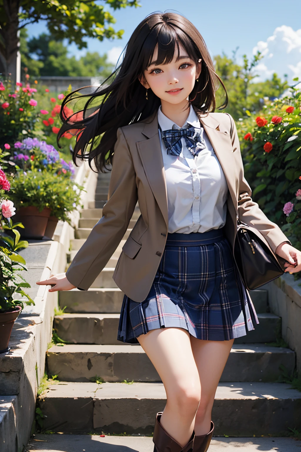 very cute and beautiful girl,(highly detailed beautiful face and eyes:1.2),(smile:1.2),cowboy shot,
(brown jacket:1.2),collared shirt,plaid bowtie BREAK detailed legs,zettai ryouiki,brown shoulder bag,(brown boots:1.2),
stylish pose,dynamic angle,hair ornament,black hair,(blue plaid mini skirt:1.2),arbor in rose garden,stone stairs,
(best quality,masterpiece:1.2),(intricate details:1.2),extremely detailed,ultra-detailed,highres,solo,natural lighting,
hair fluttering in the wind,beautiful detailed sky,