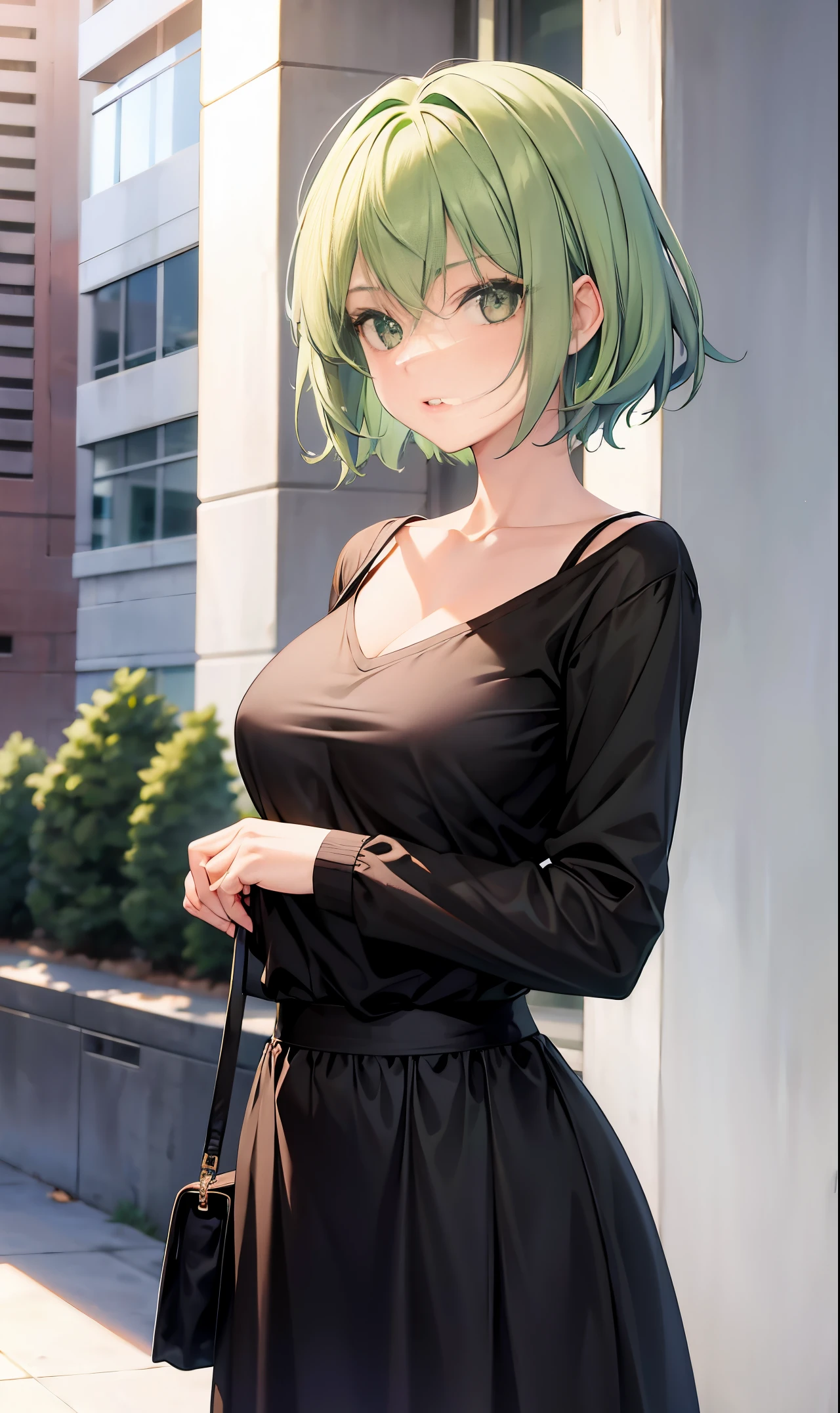 Girl with short green hair, Medium chest, Green eyes, wearing black casual clothes、Beautie、Mature、(tits out)