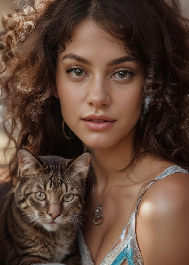 there is a woman holding a cat and posing for a picture, beautiful portrait, high quality portrait, beautiful and realistic faces, an ultra realistic photo, ultra detailed portrait, ultra realistic digital art, by Galen Dara, gorgeous portrait, digital art. photo realistic, ultrarealistic digital art, realistic portrait photo, ultra-realistic digital art, stunning portrait, beautiful photorealistic imagery