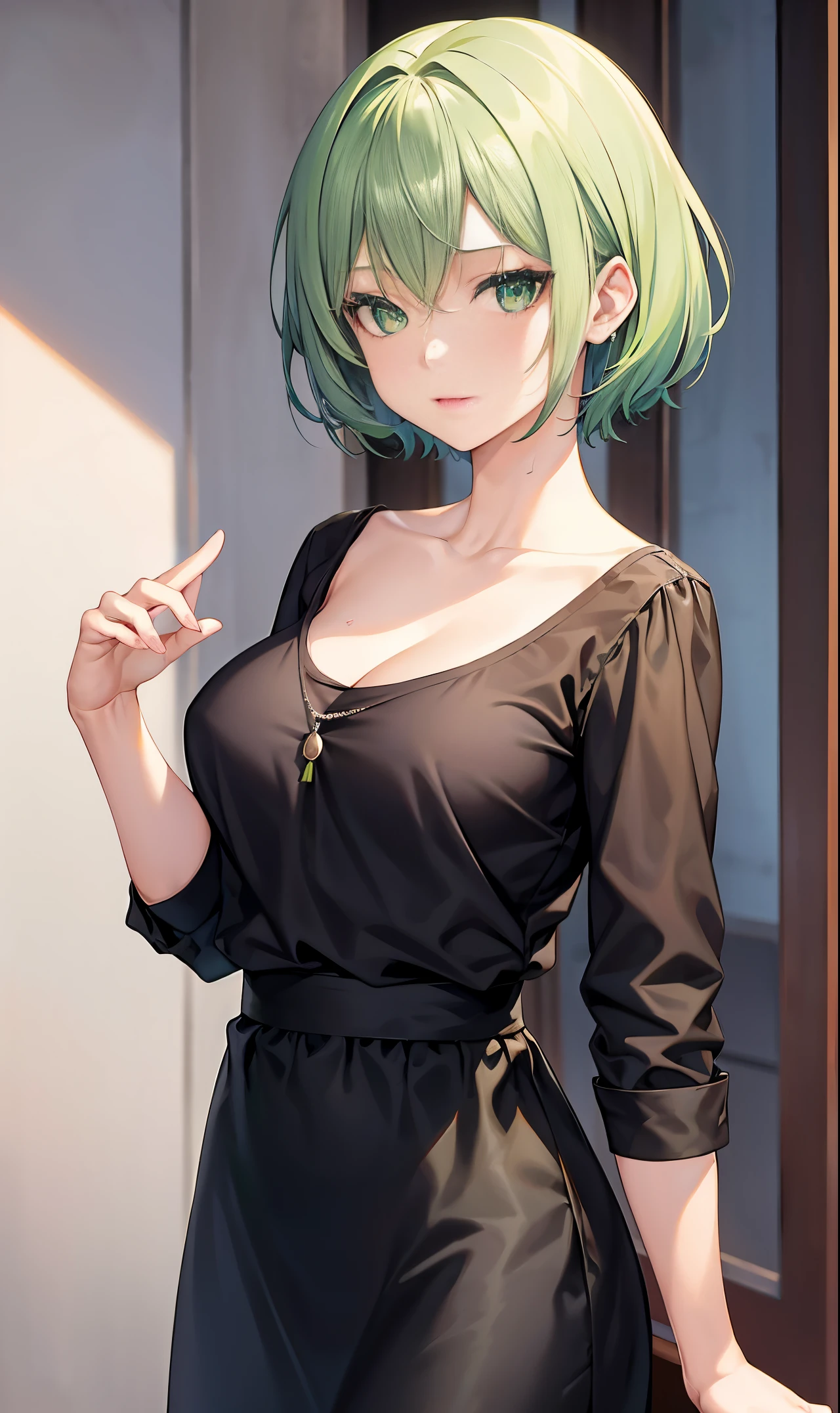 A close up of a woman in a black dress with green hair - SeaArt AI