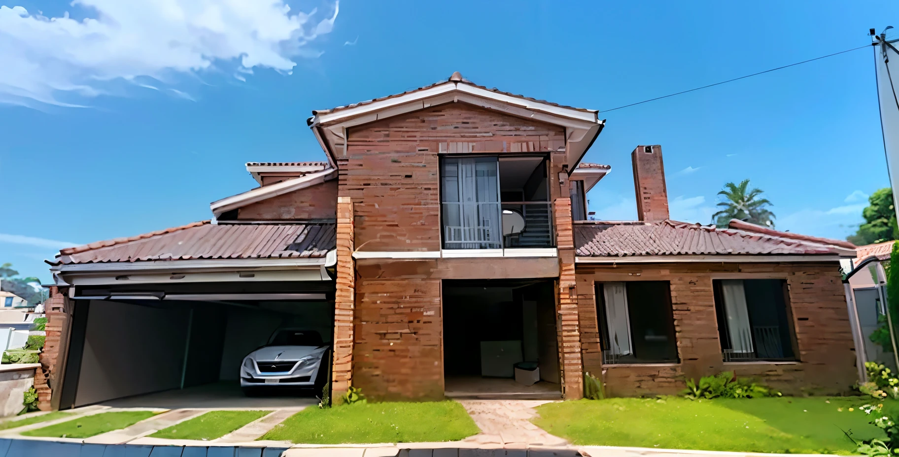 Close-up of a house with a closed white garage gate, exposed brick walls, telha de barro, portas e janelas brancas, imagem frontal, vista externa, residencial, Casa completa, imagem realista