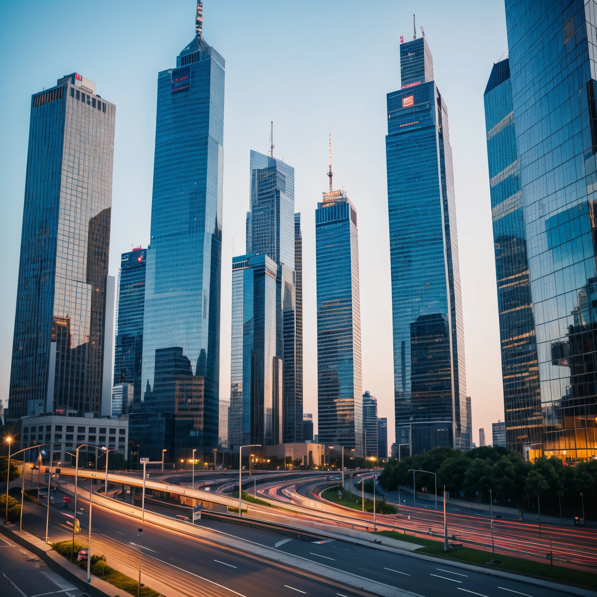 Poland Warszawa skyscraper and parks life in the near future, high technology, street view, next to a park, people and cars on the road, sunset, pro, 35 mm, realism, ultra HD result, 4k, very detailed
