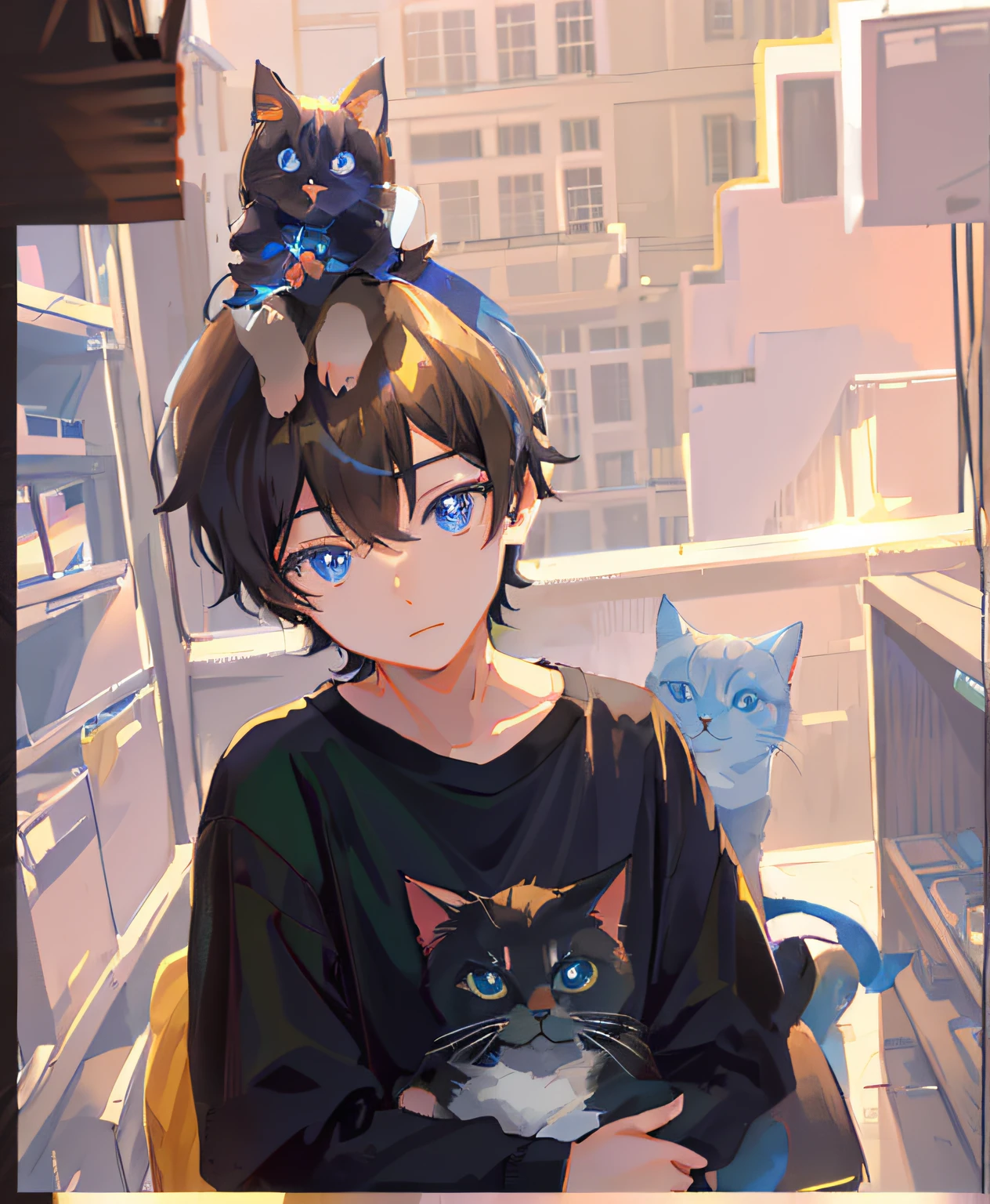 A cat on the head and two cats on the shoulders anime boy, anime cat, Realistic anime cat, style of anime, , boy with cat ears and tail, , Anime visuals of a cute cat, , Realistic anime art style, , Anime realistic style