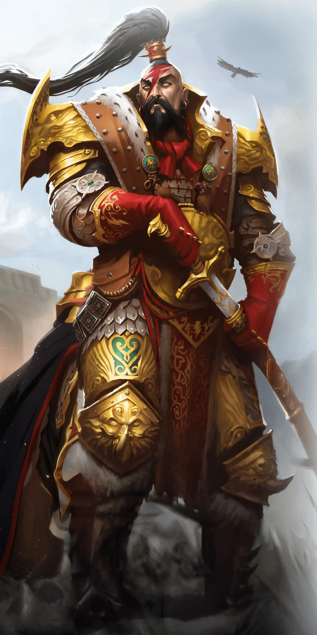 there is a man in a gold armor riding a horse, adeptus custodes centurion, male paladin, fantasy paladin, warhammer 40000 in islam, paladin golden armor, ottoman sultanate space marines, warhammer fantasy art, warhammer art, holy paladin, warhammer emperium style, gold paladin, a human male paladin