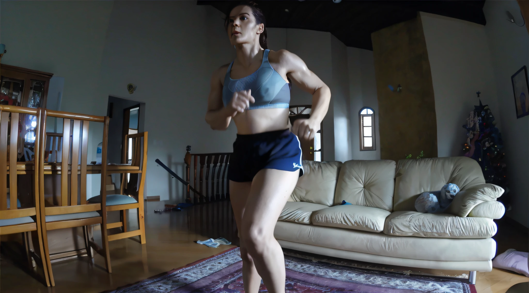 there is a woman standing in a living room playing a video game, doing a sassy pose, upper body shot, in an action pose, mid body shot, half - body shot, half-body shot, lunging at camera :4, half body shot, middle shot waist up, full body wide shot, arms extended, in good physical shape