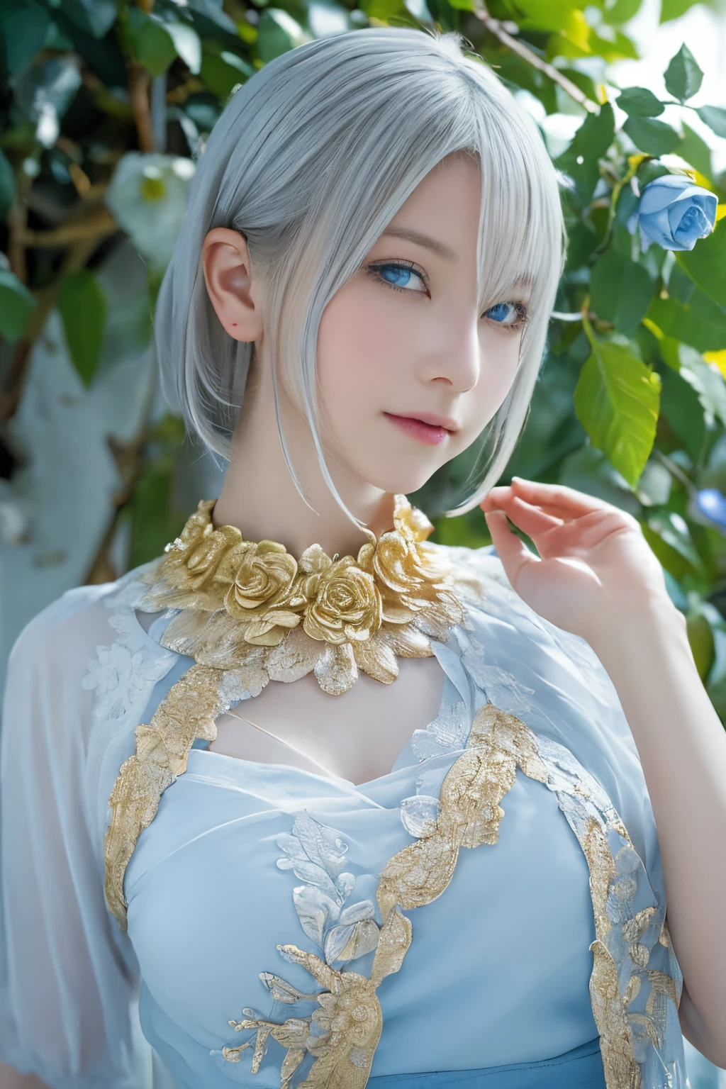 ((High quality)),masutepiece,(Detailed depiction of local details:1.2),1girl in,Blue eyes,large full breasts,Closed mouth,Eyelashes,Looking at Viewer,Portrait,Solo,Upper body,White hair,White theme,Yovoya, Golden Rose