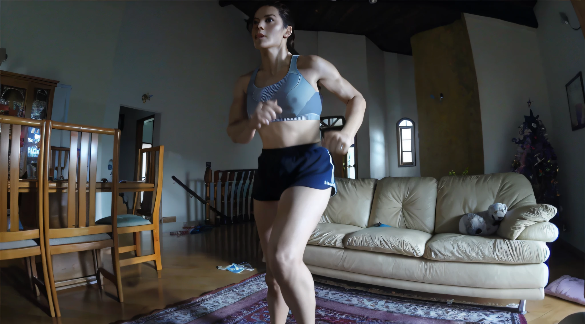 tem uma mulher de blusa azul e short preto jogando videogame, lunging at camera :4, running towards the camera, malhar, running towards the camera, jumping towards viewer, suado 4 k, running fast towards the camera, Full camera scene, tiro de corpo inteiro, Tauromaquia, side view of her taking steps, Sweat muscle Lara Croft