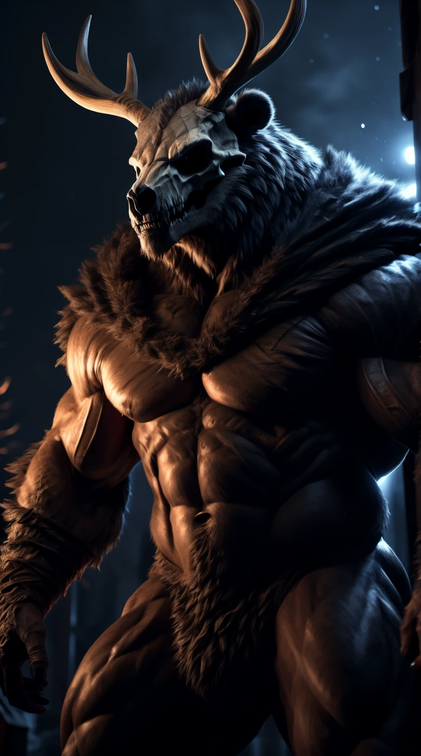 buff monster, muscular, abs, scales on body, majestic fur mantle, wendigo skull, elk horns, muscular, giant, bear body, threatening, stands menacingly, wide body, muscular body, illustration, (best quality, 4k, highres, masterpiece:1.2), ultra-detailed, realistic, horror, sharp focus, vivid colors, nighttime lighting,