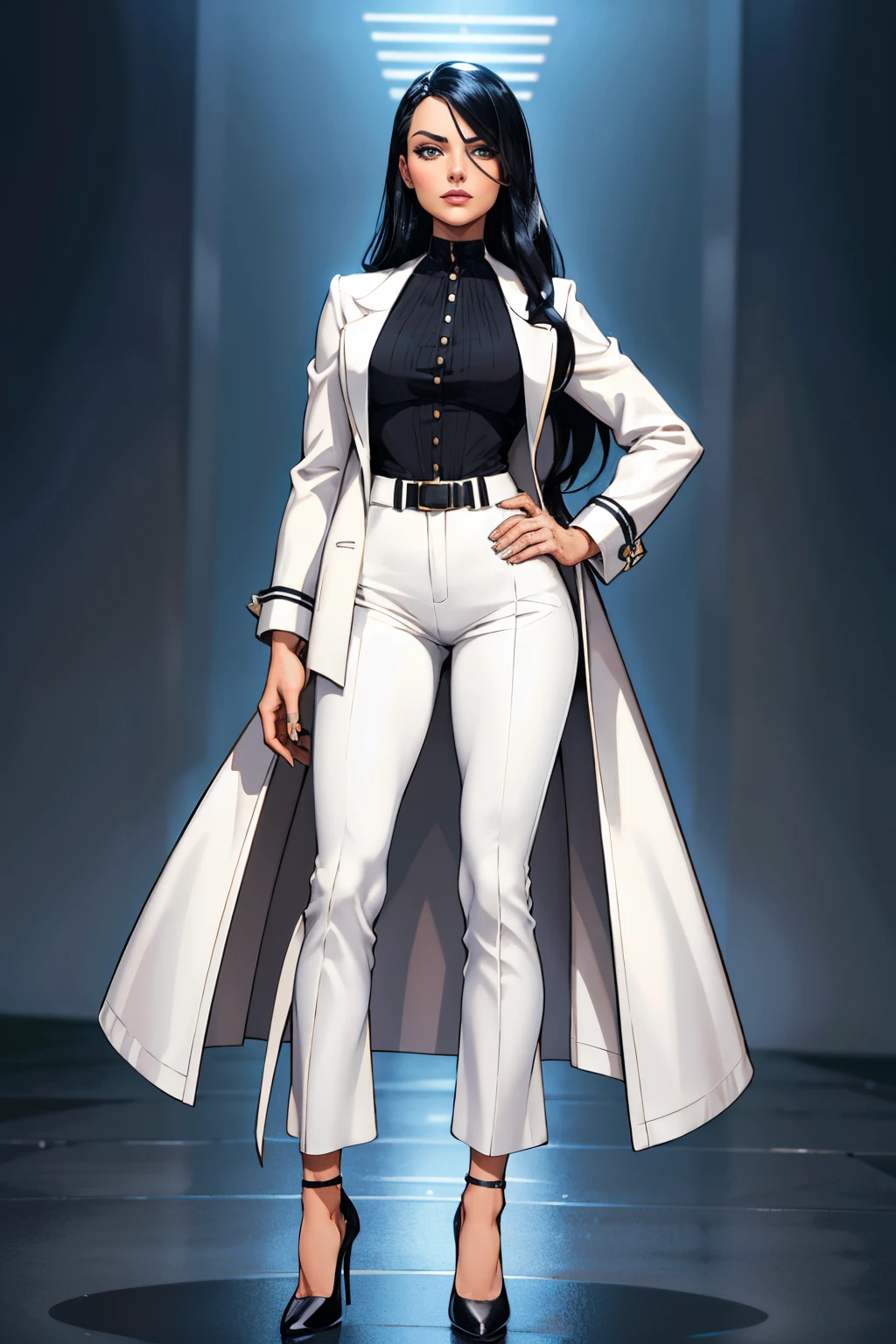 Margot Robie Barbie long black hair dressed as a doctor white coat and black pants black high heels with full choir fashion pose Dc Comics