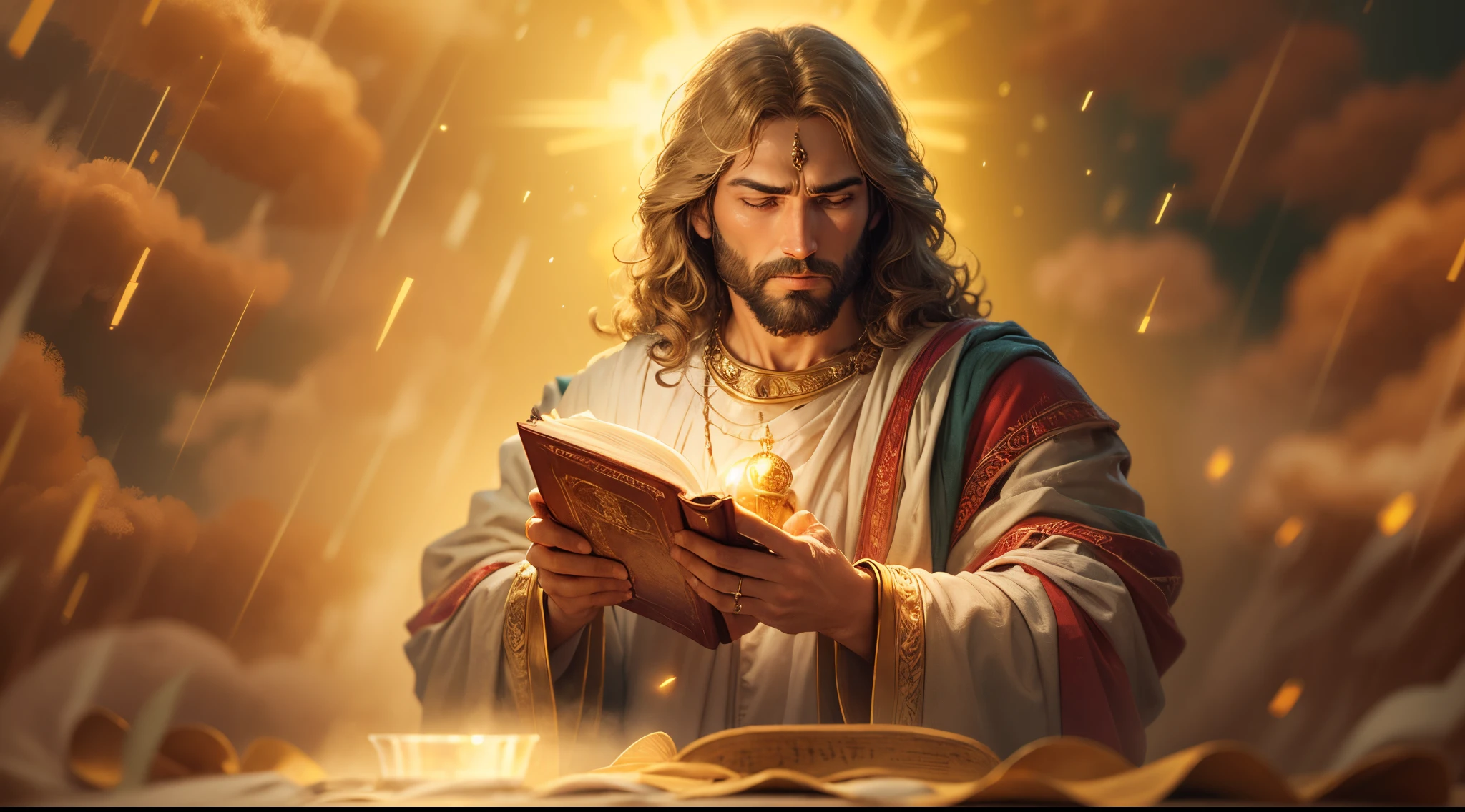 dinheiro, SACRED BIBLE, POWERFUL PRAYER, Biblical setting, Jesus in prayer , Gold in abundance, sacred prayer. prosperidade, riqueza, velas de ouro, jesus cristo, chuva de ouro, nuvens, estrelas cintilantes, 8k