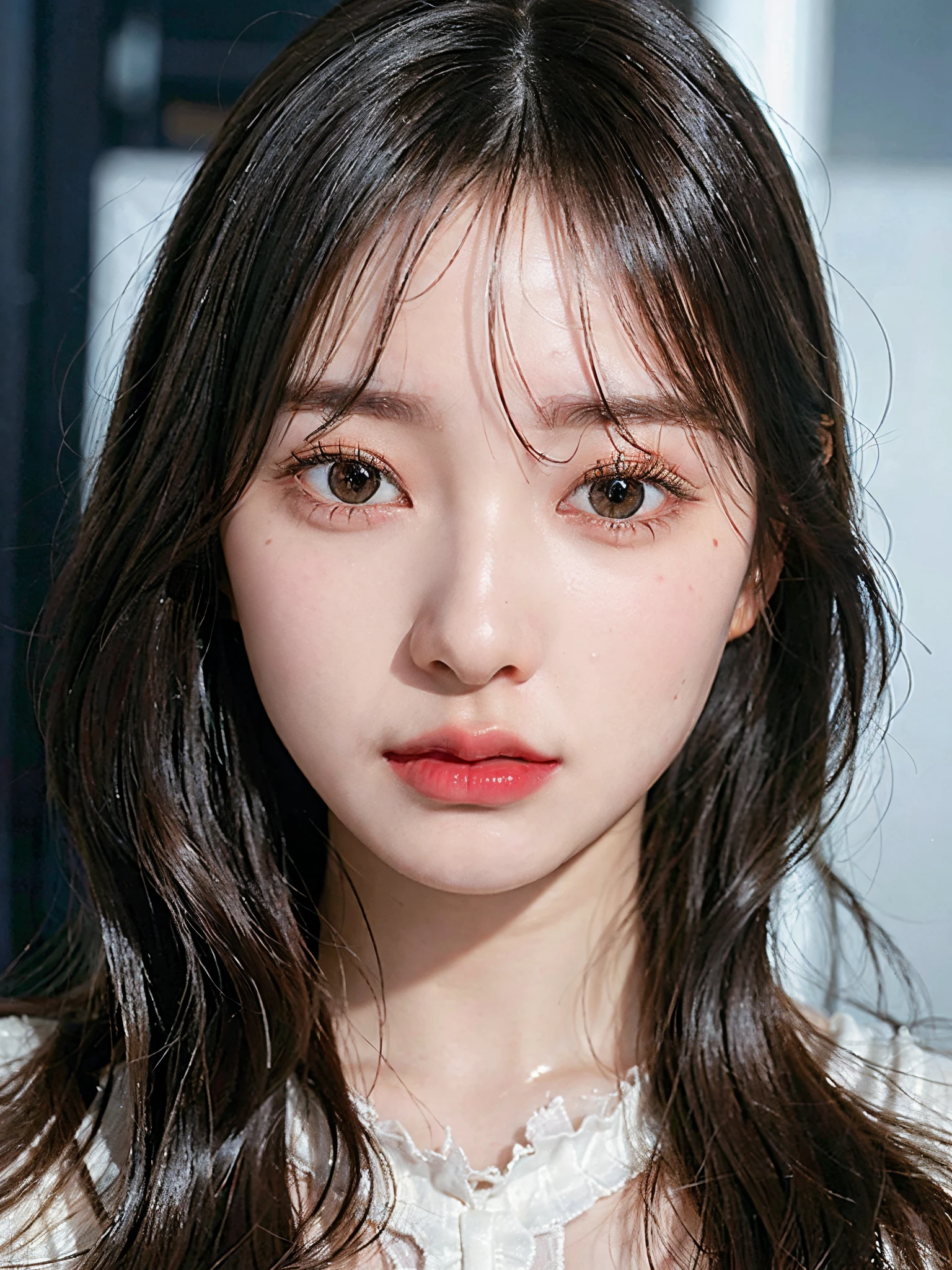 high-level image quality、hightquality、20 year old Korean girl photo, raw, Beautiful woman, (Extra long wavy blonde hair), ((Portrait)), ((Detailed face:1.2)), ((A detailed face、Characterized by fine skin), pale skin, , (cold color), moist, moist, reflector stay piece) (perfectly proportions)(photos realistic)(Best Quality)  photographed in a Canon EOS R5, 50mm Lens,(8K), Focus on the face、facial close-up、only face、The upper part of the body、very long upper eyelashes、Very long lower eyelashes、Detailed lashes、Curled eyelashes、eyelash perm、Beautiful lashes, Glamorous makeup、Natural eyes、Oku Duplex、very beautiful eyelashes