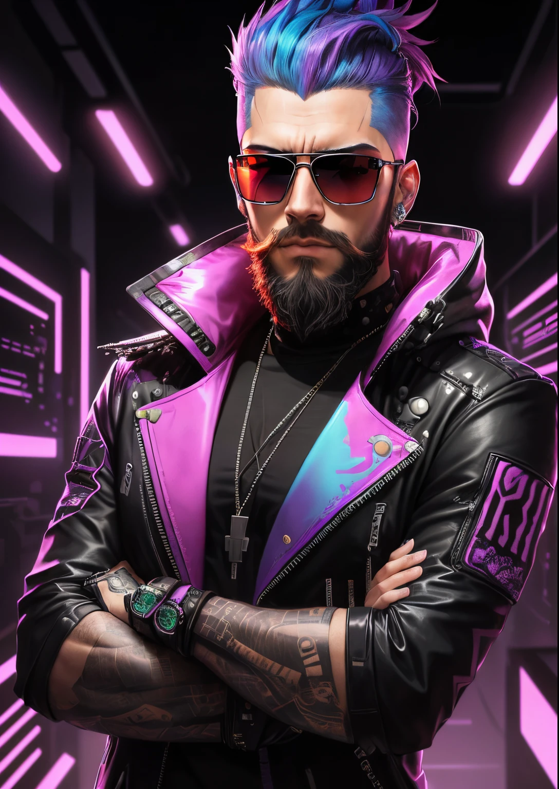 Caveira, com barba e bigode cores ultravioleta e neon, No estilo Dan Mumford obra de arte, Altamente intrincado em technicolor, Neonpunk, arte colorida do filme, inspirado em Dan Mumford, full-colour illustration, cyberpunk cores vibrantes, Retrato de um esqueleto hipster, full-colour illustration, neon steampunk, Arte digital hiper colorida, Jen Bartel