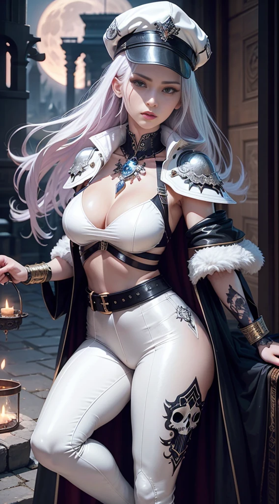 full body Esbian, of the highest quality, Intricately detailed skins, Shiny skin, Shiny hair, pale complexion，Big breasts), 　Red sky,　Red Moon， Castle terrace, ((Skull Mark)), ambitious, Seductive Woman, Gray hair, Long hair, Hair fluttering in the wind, Skull mask on half of the face, Detailed tattoos, white leather clothes, White sleeveless clothes, White leather coat, Leather gloves, Solid Gold Bracelet, leather pant, White pants, , Hat with skull marker, (Leather Belt), Look far away