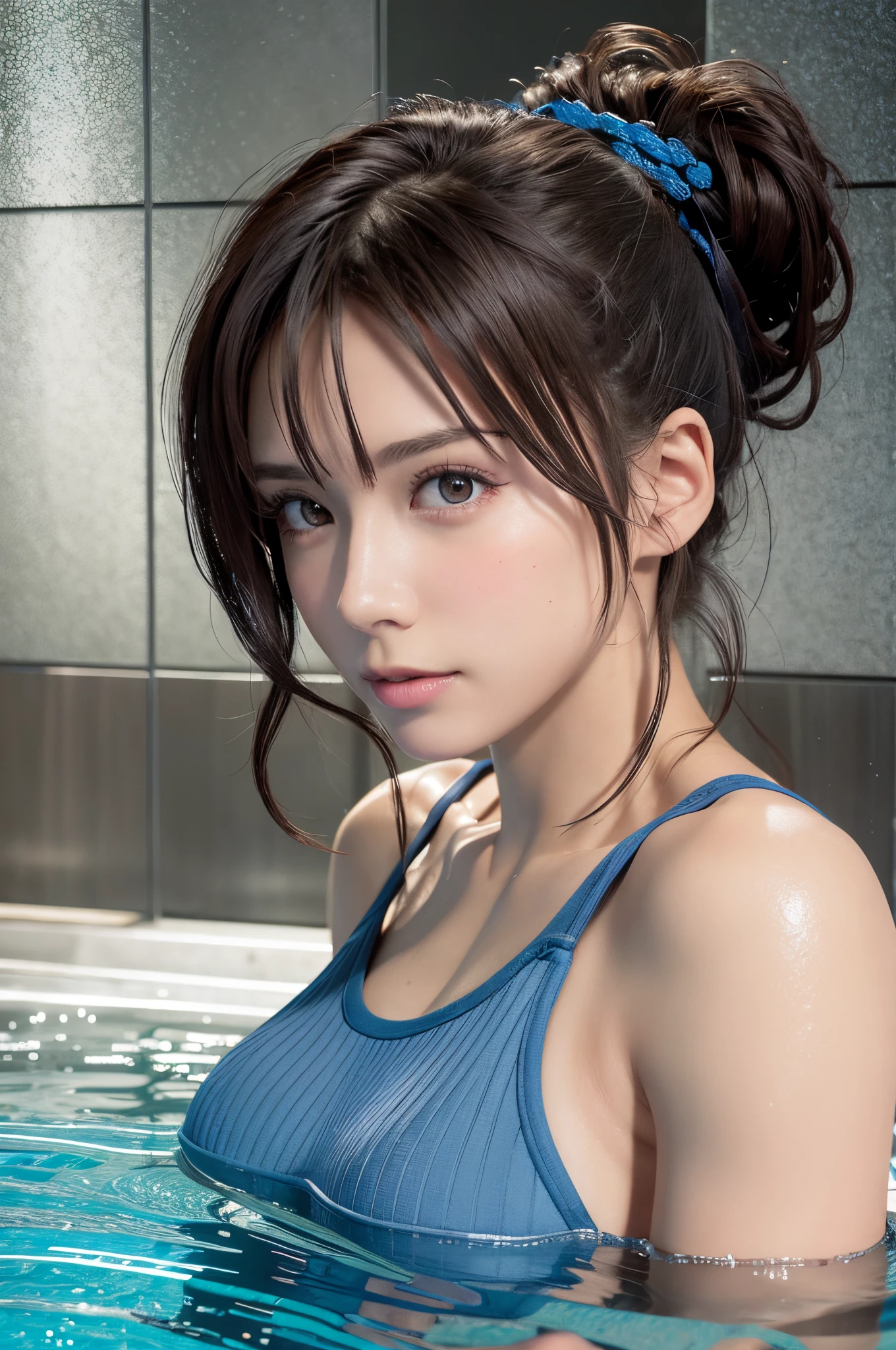 8K, of the highest quality, masutepiece:1.2), (Realistic, Photorealsitic:1.3), of the highest quality, masutepiece, Beautiful young woman, Pensive expression, Thoughtful look, Competitive swimmers、swim wears、Hair tied back, Cinematic background, Light skin tone