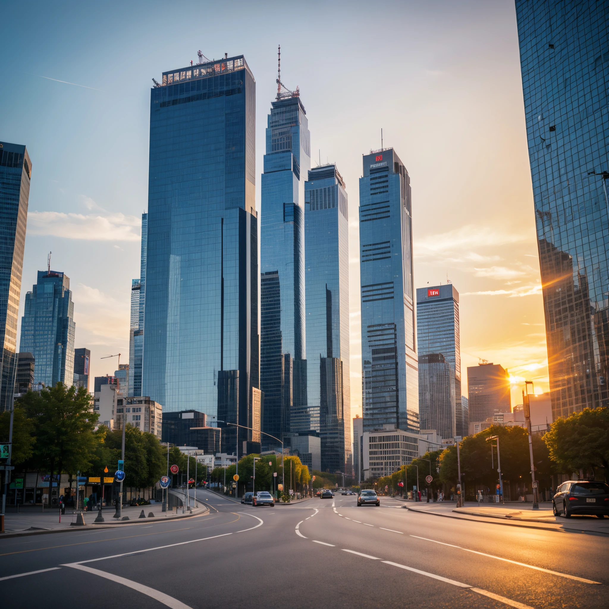 Poland Warszawa skyscraper and parks life in the near future, high technology, street view, next to a park, people and cars on the road, sunset, pro, 35 mm, realism, ultra HD result, 4k, very detailed
