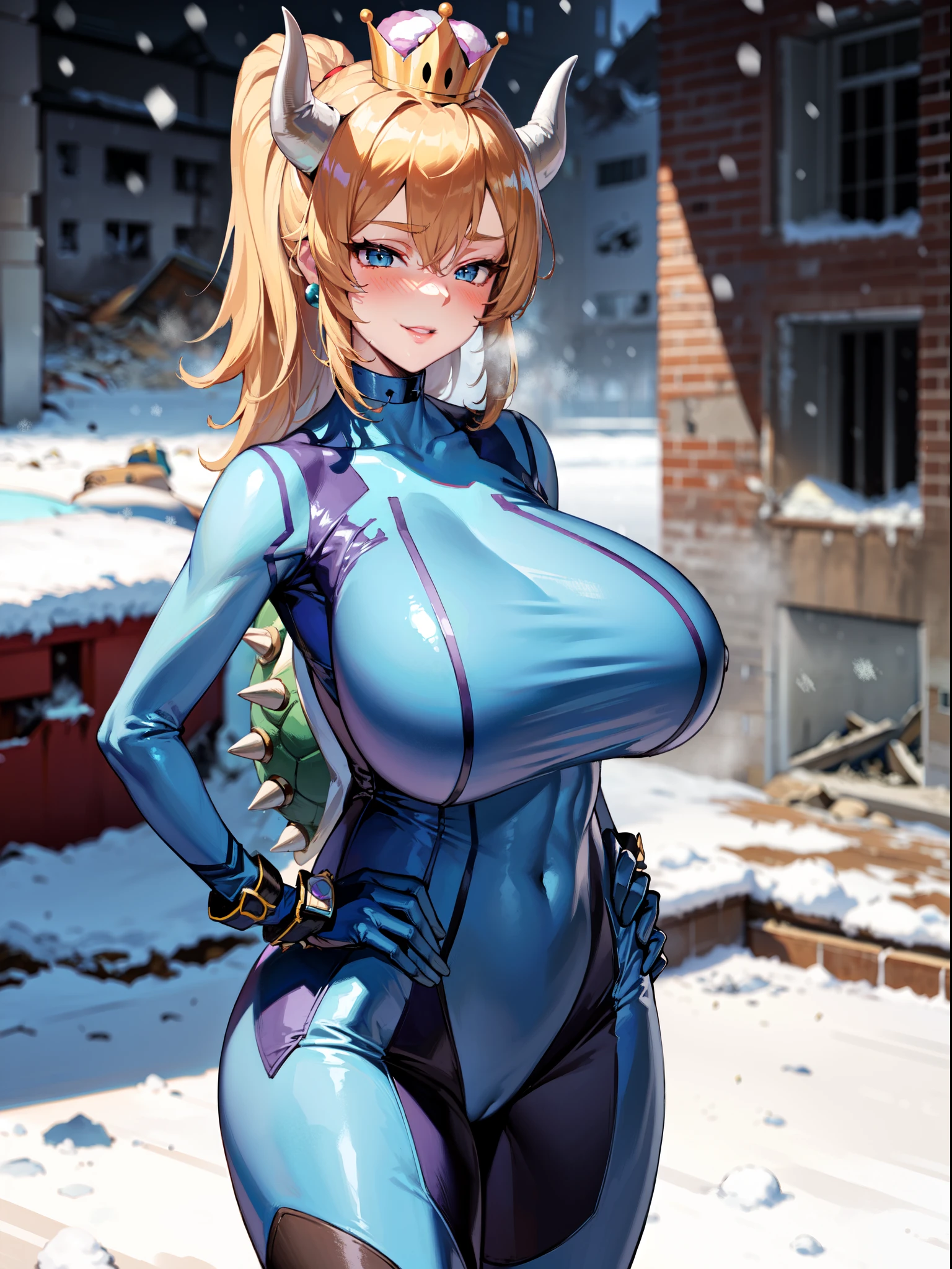 masterpiece, best quality, extremely detailed, 1girl, mature female, solo, bowsette, (huge breasts:1.6), parted lips, (((zero suit, blue gloves))), ((blush, naughty smile), closed mouth), ((hands on own hips, destroyed buildings, winter, snowing))