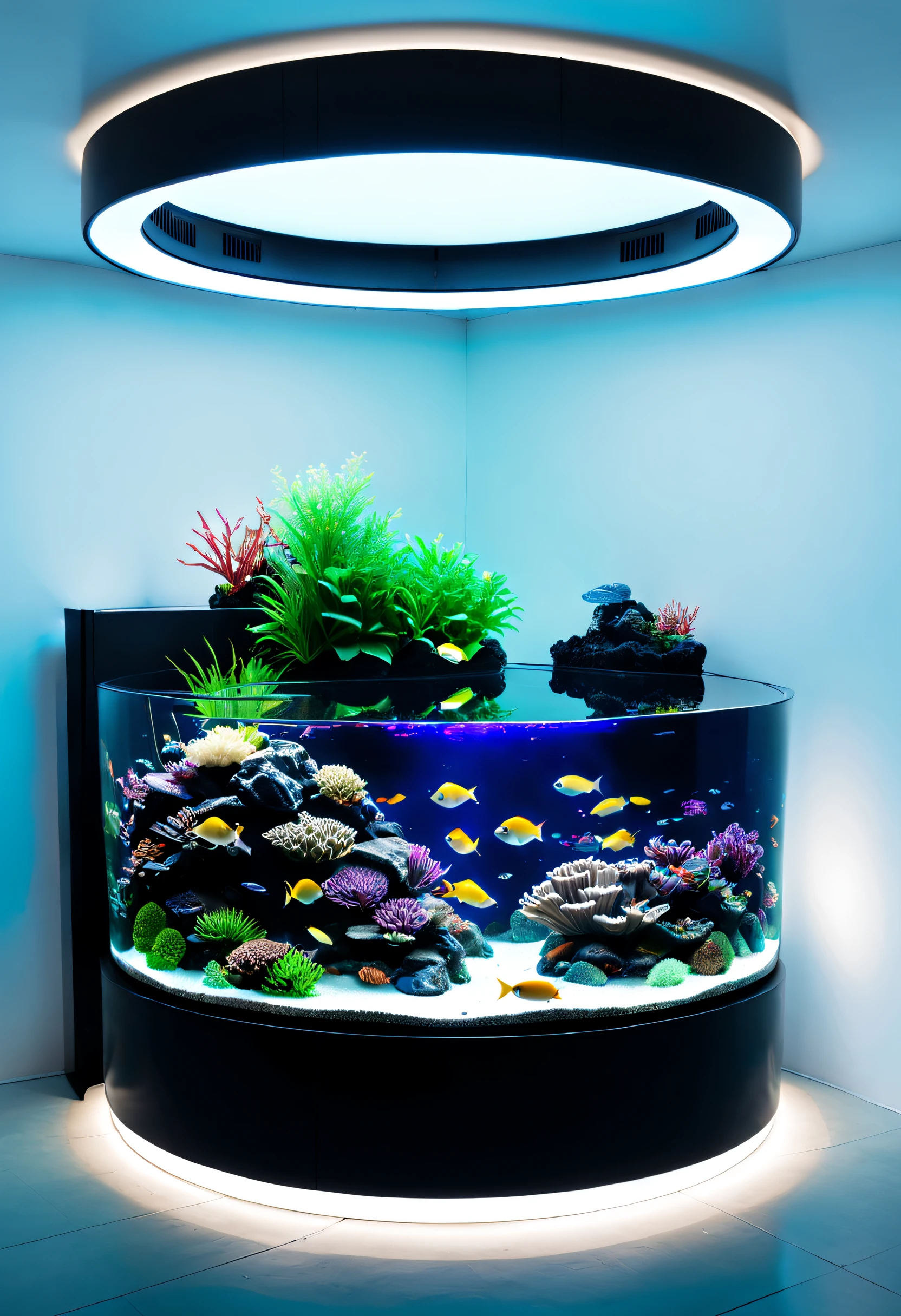 Ancient fish farming，White light strips surround the upper inner wall of the circular fish tank，Light strip lighting status，At midnight，White background wall，Ultra-realistic texture，SLR Camera Shooting，Realist style