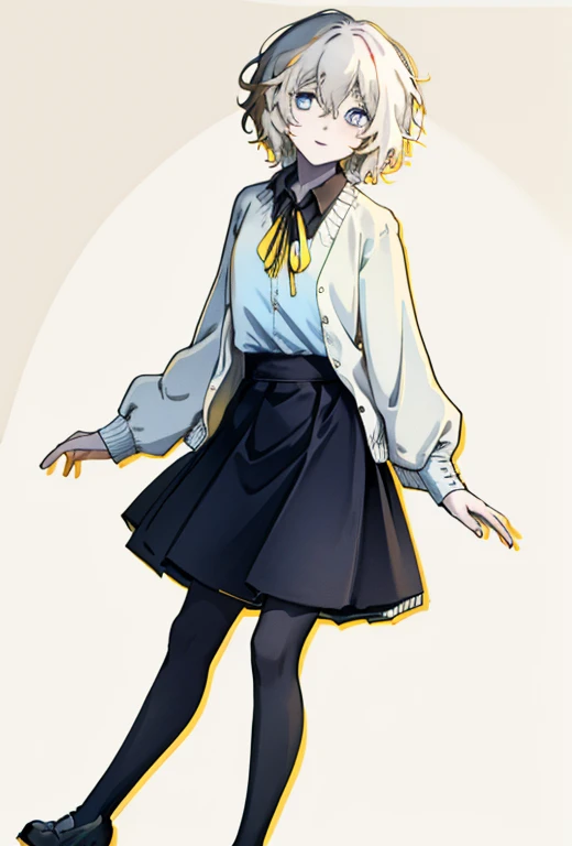 Masterpiece , best quality , solo , 1female , short blonde hair , pale skin , blue eyes , soft smile expression , collared black shirt with yellow ribbon , brown cardigan over shirt , black short pleaded skirt , soft black tights , brown school shoes