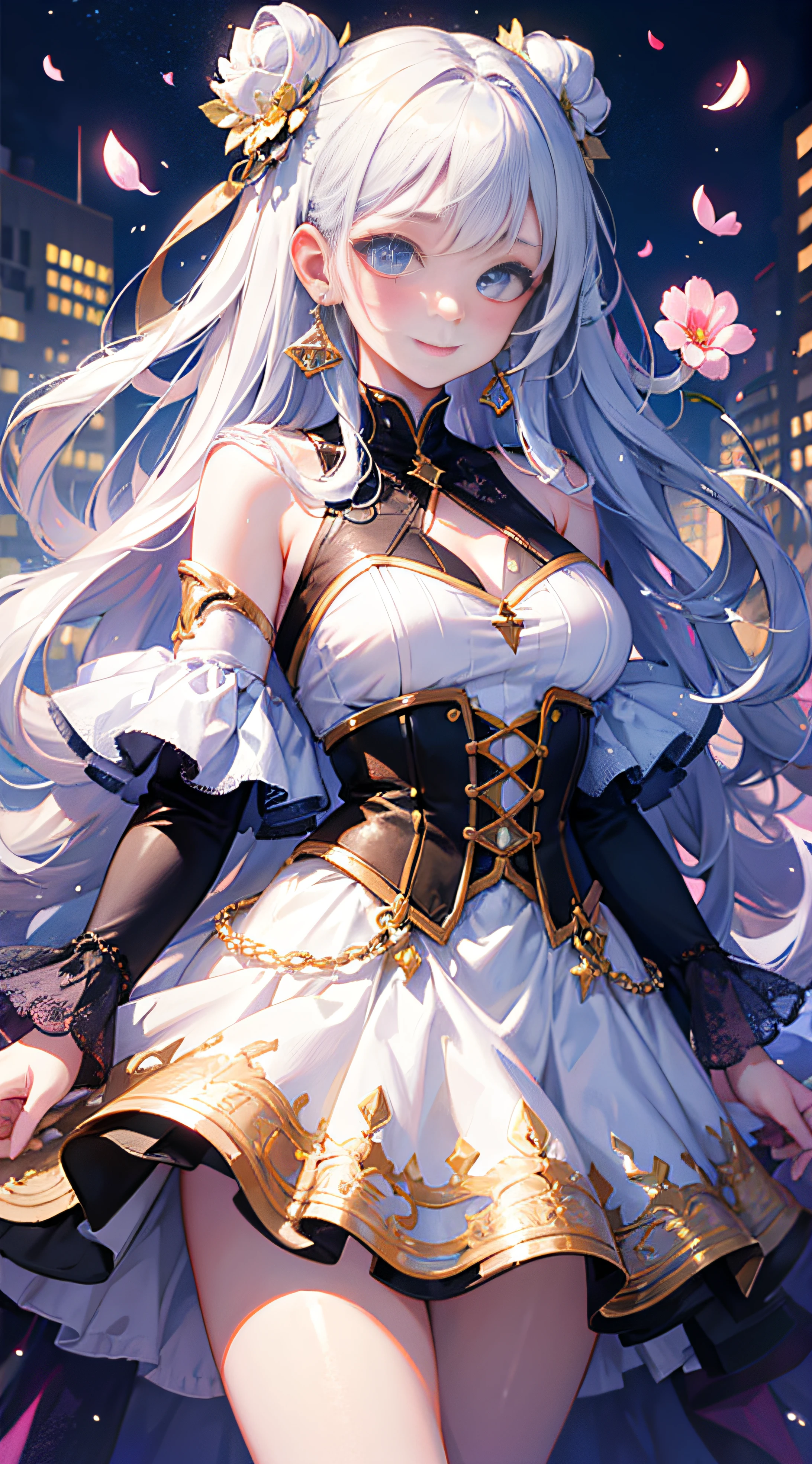 masterpiece, best quality, 1girl, (colorful),(finely detailed beautiful eyes and detailed face),cinematic lighting,bust shot,extremely detailed CG unity 8k wallpaper,white hair,solo,smile,intricate skirt,((flying petal)),(Flowery meadow) sky, cloudy_sky, building, moonlight, moon, night, dark theme, light, fantasy,