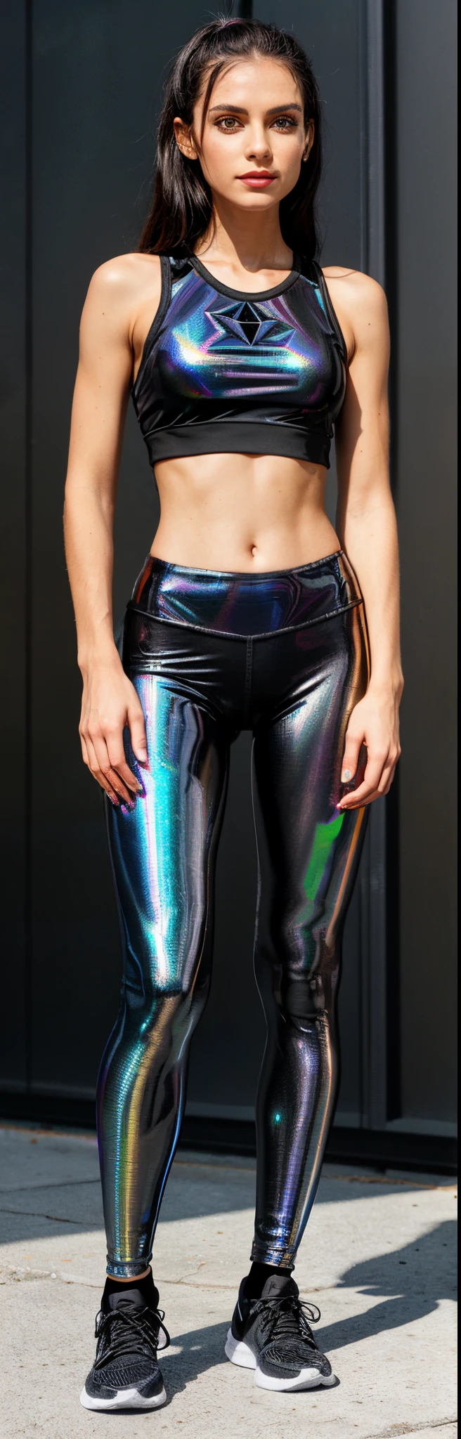 a woman in black sports bra and leggings standing on the sidewalk, metallic neoprene woman, Jet Black Leggings, skin reflective metallic, Leggings, Metal refletivo, Metal refletivo, Leggings Pretas, Galactic metallic, Leggings Pretas, spandex preto | | |, slightly holographic, brilhante brilhante reflexivo, Holographic, metalic, Holographic material, energetic varia suit