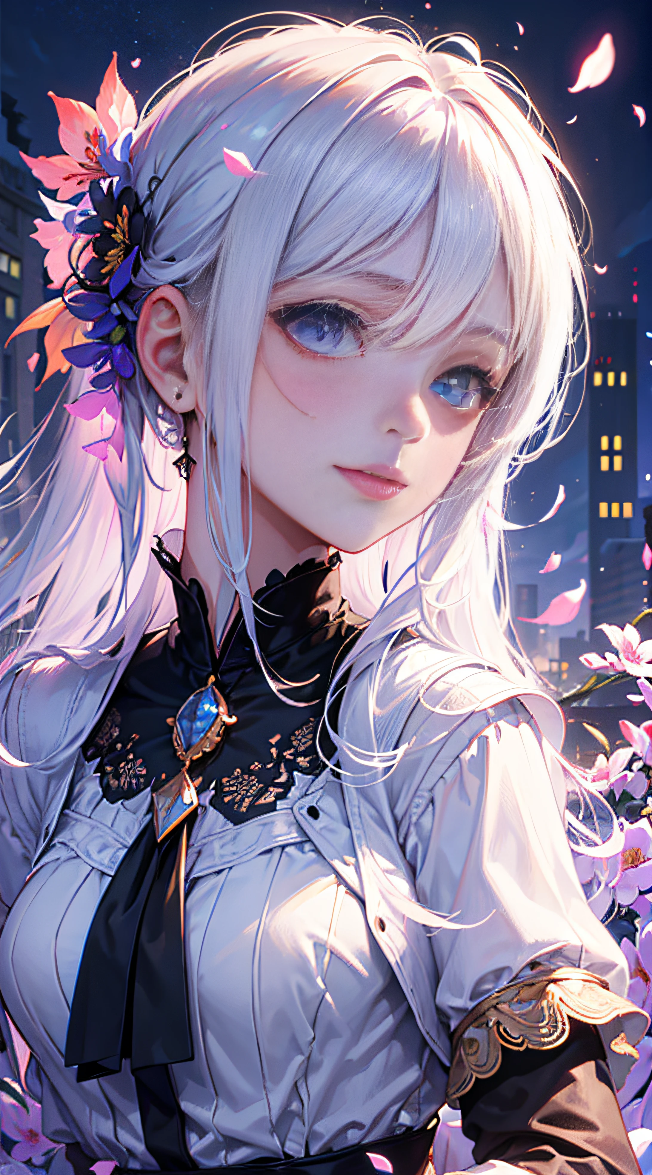 masterpiece, best quality, 1girl, (colorful),(finely detailed beautiful eyes and detailed face),cinematic lighting,bust shot,extremely detailed CG unity 8k wallpaper,white hair,solo,smile,intricate skirt,((flying petal)),(Flowery meadow) sky, cloudy_sky, building, moonlight, moon, night, dark theme, light, fantasy,