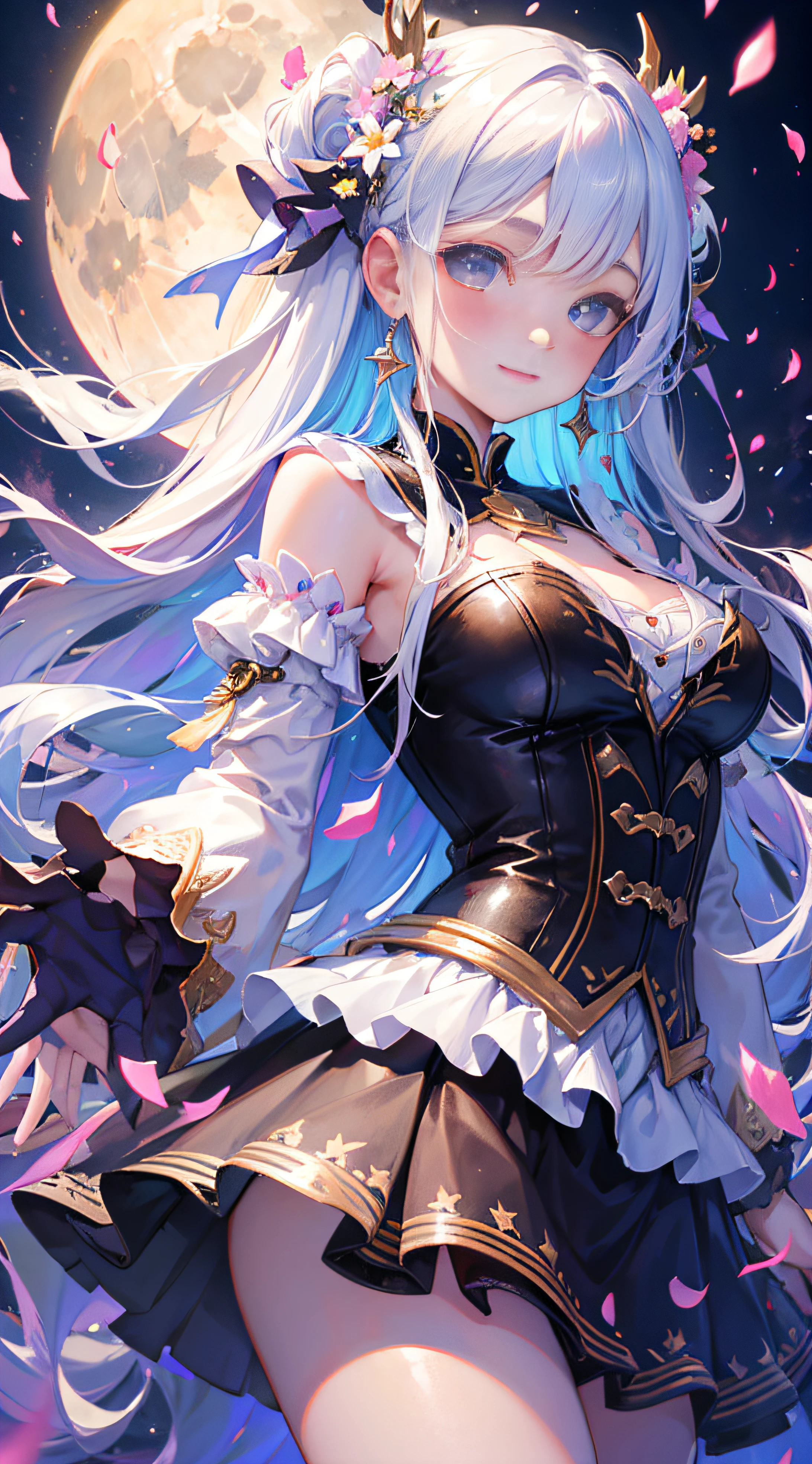 masterpiece, best quality, 1girl, (colorful),(finely detailed beautiful eyes and detailed face),cinematic lighting,bust shot,extremely detailed CG unity 8k wallpaper,white hair,solo,smile,intricate skirt,((flying petal)),(Flowery meadow) sky, cloudy_sky, building, moonlight, moon, night, dark theme, light, fantasy,