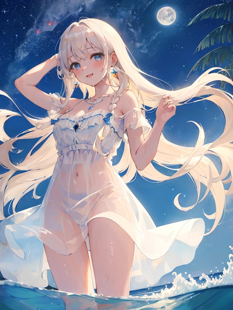happy,(((masterpiece))),best quality,white Sheer sundress,ocean,((night sky)),wariza,from below,(beautiful detailed girl),earrings,long hair,swept bangs,blond hair, (1 girl),hand in own hair,wind,water splash,Full moon night on background,platinum necklace