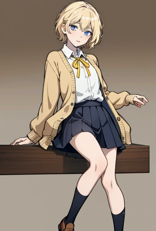 Masterpiece , best quality , solo , 1female , short blonde hair , pale skin , blue eyes , soft smile expression , collared black shirt with yellow ribbon , brown cardigan over shirt , black short pleaded skirt , soft black tights , brown school shoes