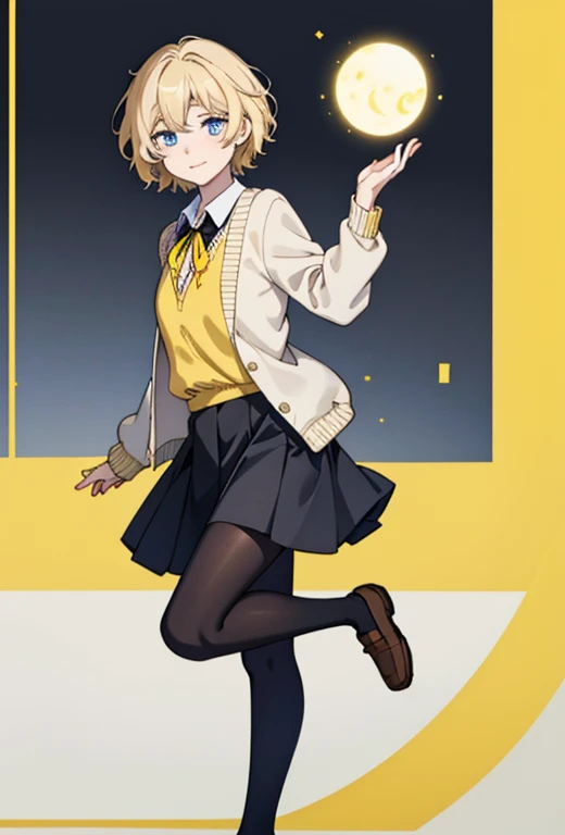 Masterpiece , best quality , solo , 1female , short blonde hair , pale skin , blue eyes , soft smile expression , collared black shirt with yellow ribbon , brown cardigan over shirt , black short pleaded skirt , soft black tights , brown school shoes