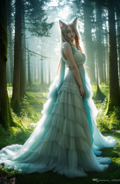 interesting fox/Female human hybrid spirit with enchanting eyes, ethereal beauty, and a mysterious atmosphere. Delicate transparent layered fur flows in rich colors.、The tail sways gracefully. Enchanting forest background with enchanting lighting, Evokes a sense of otherworldly magic.+"