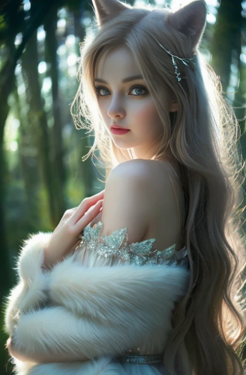 interesting fox/Female human hybrid spirit with enchanting eyes, ethereal beauty, and a mysterious atmosphere. Delicate transparent layered fur flows in rich colors.、The tail sways gracefully. Enchanting forest background with enchanting lighting, Evokes a sense of otherworldly magic.+"