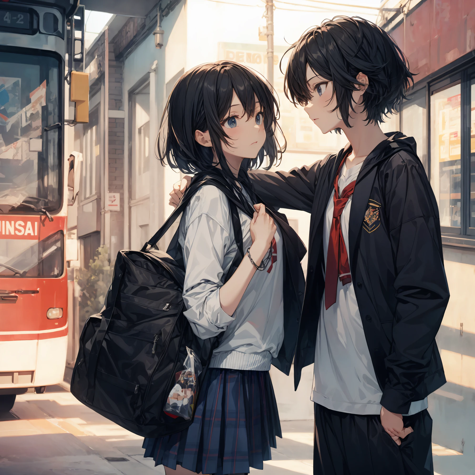 Super high quality by the art god, Ultra-detailed, High resolution, anime moe art style, Best Anime 8K Konachan Wallpapers, Pixiv Contest Winner, Perfect Anatomy, BREAK,(Draw a girl sleepily walking to school. ),BREAK, 1girl in, (Solo,Lori,child,13years:1.3),a junior high school student, Androgynous attraction, (Very short hair), hair messy, Full limbs, complete fingers, flat chest, Small butt, groin, Small eyes,Beautiful detailed black eyes, Well-proportioned iris and pupils, disgusted eye, School uniform, Skirt, On the way to school. BREAK,super detailed skin, Best lighting by famous artists, 8K, Illustration,