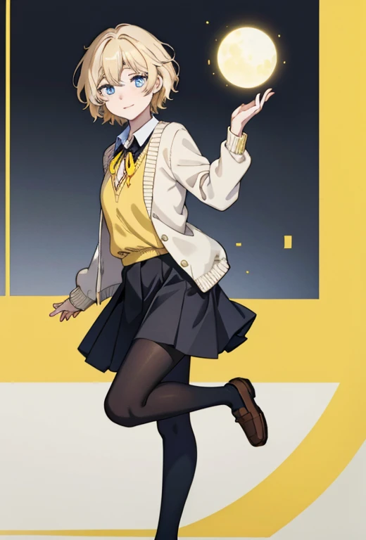 Masterpiece , best quality , solo , 1female , short blonde hair , pale skin , blue eyes , soft smile expression , collared black shirt with yellow ribbon , brown cardigan over shirt , black short pleaded skirt , soft black tights , brown school shoes